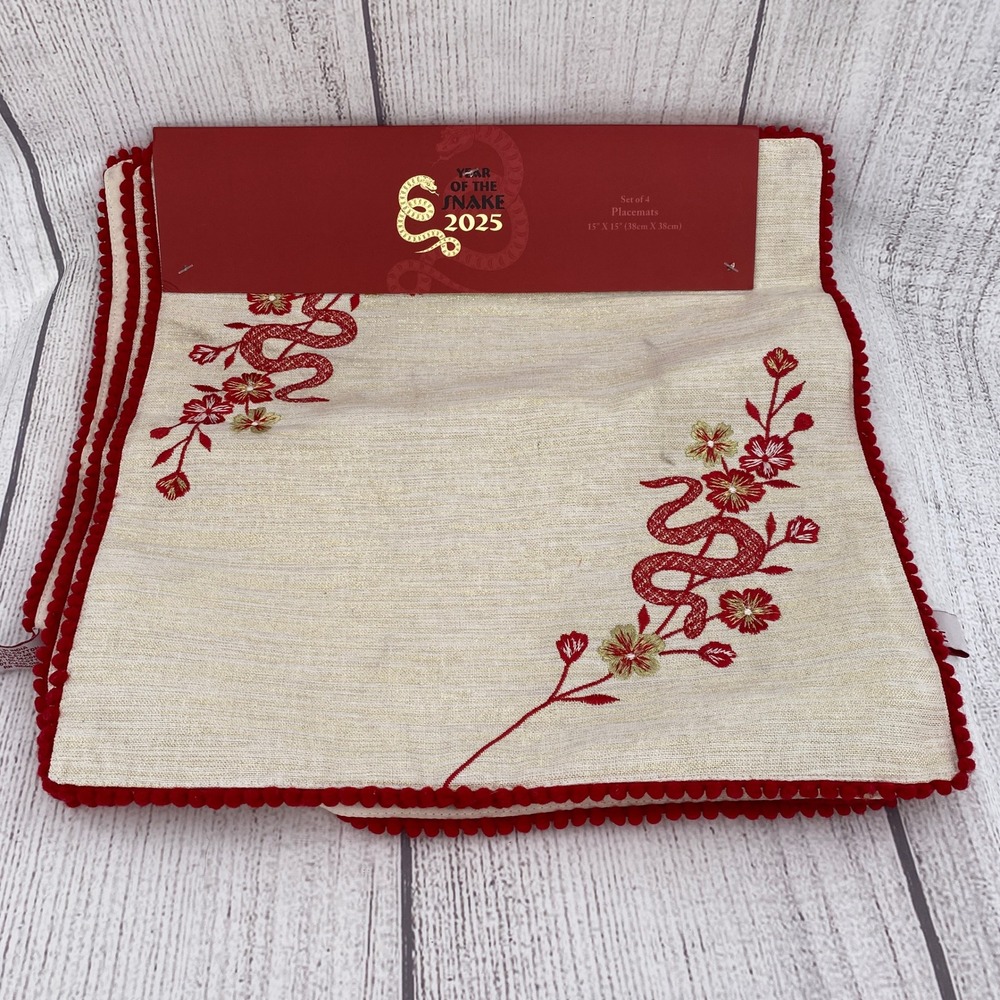 Year of the Snake 2025 Placemats Set of 4 Cream Red Gold Embroidered Pom Trim